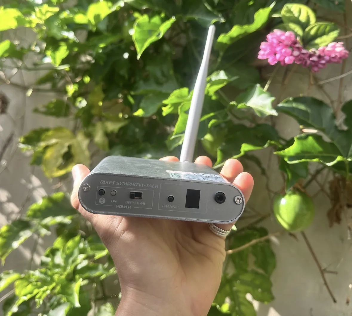 Professional silent disco transmitter with LCD display, 500m range, and multi-input